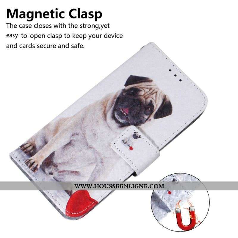Housse Moto G73 5G Pug Dog à Lanière