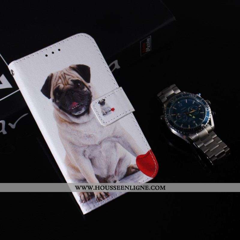Housse Moto G73 5G Pug Dog à Lanière