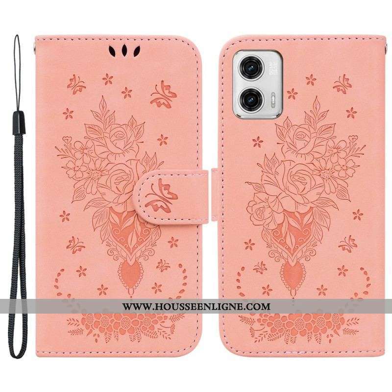 Housse Moto G73 5G Roses et Papillons à Lanière
