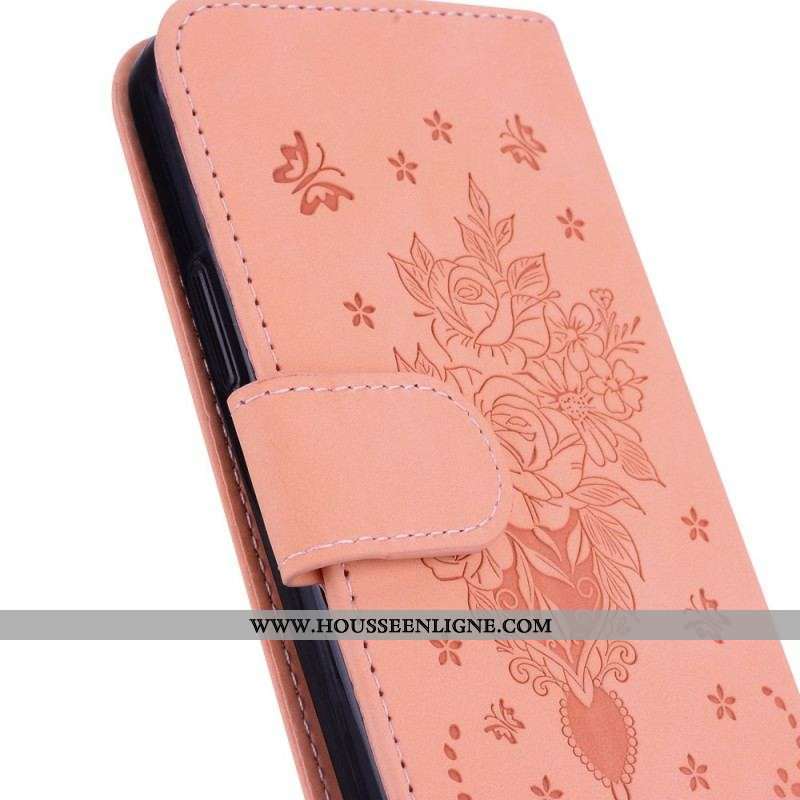 Housse Moto G73 5G Roses et Papillons à Lanière