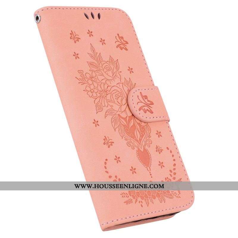 Housse Moto G73 5G Roses et Papillons à Lanière
