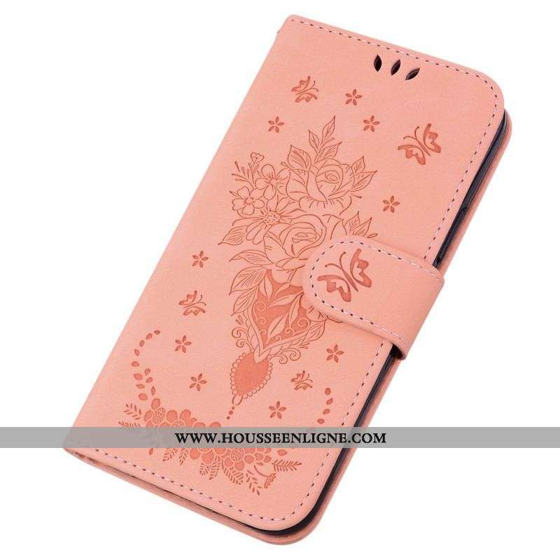 Housse Moto G73 5G Roses et Papillons à Lanière
