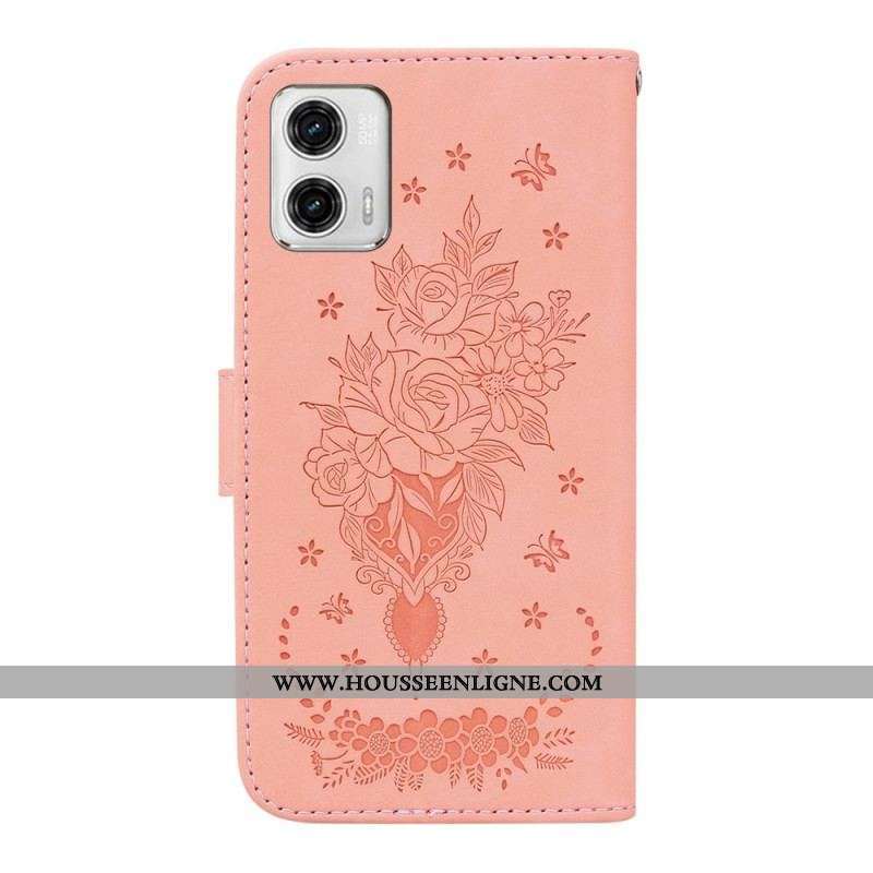 Housse Moto G73 5G Roses et Papillons à Lanière