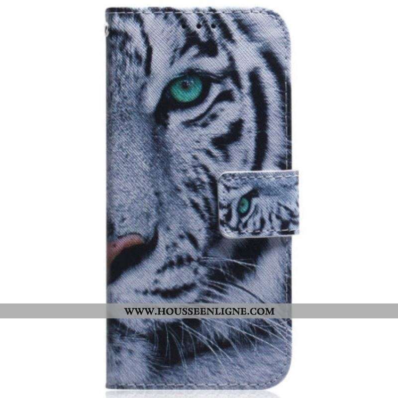 Housse Moto G73 5G Tigre Blanc à Lanière
