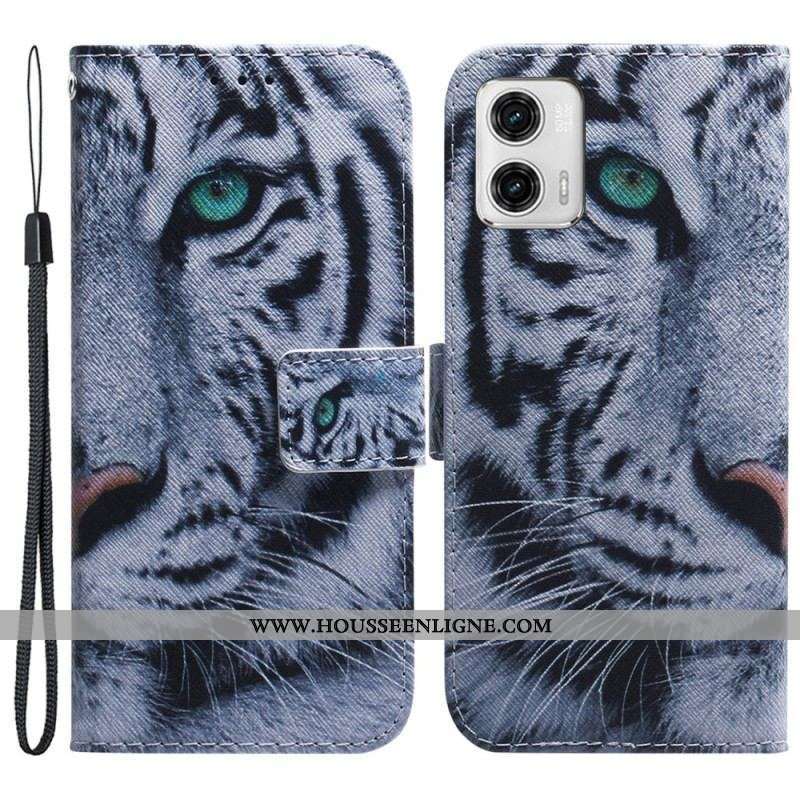 Housse Moto G73 5G Tigre Blanc à Lanière
