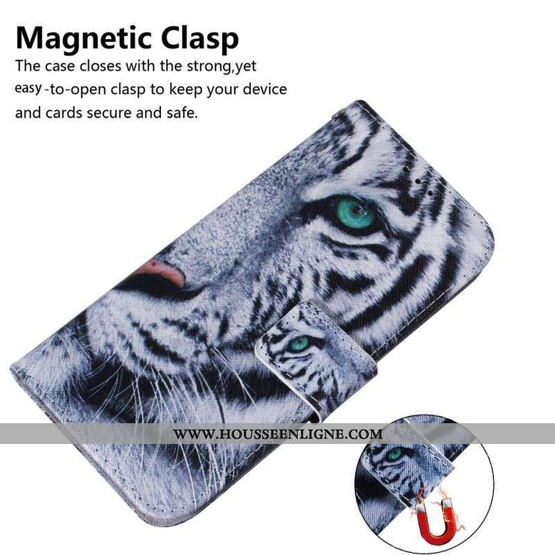 Housse Moto G73 5G Tigre Blanc à Lanière