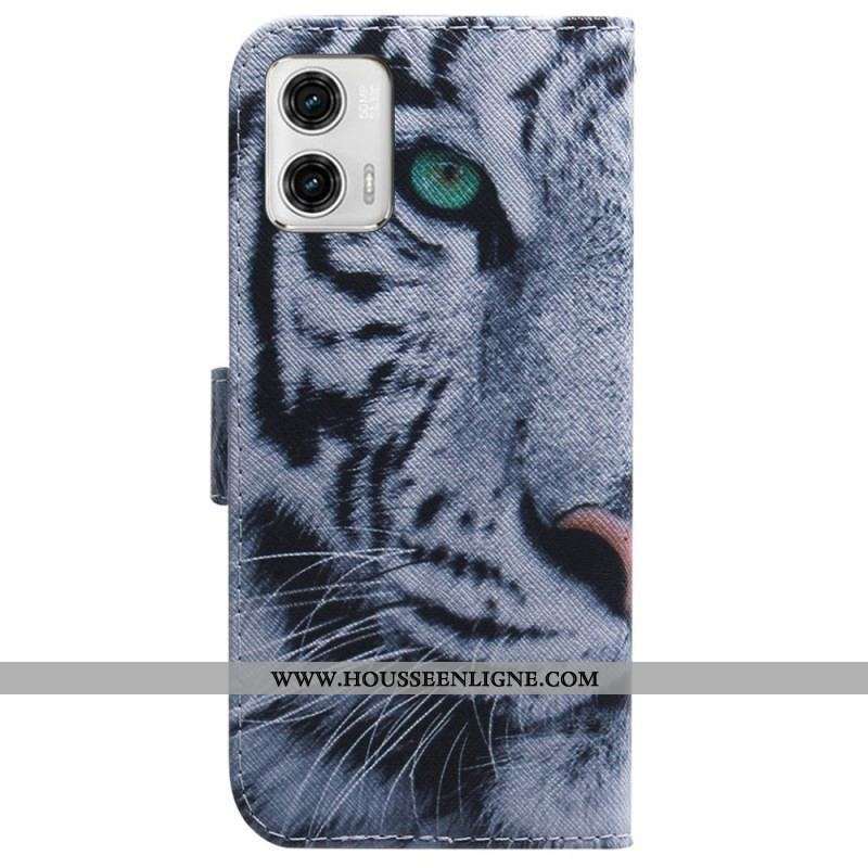 Housse Moto G73 5G Tigre Blanc à Lanière