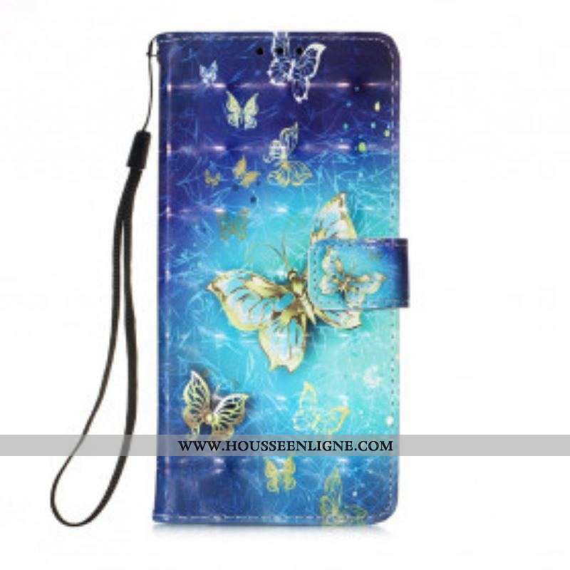 Housse Motolola Edge 20 Lite 1001 Papillons Dorés à Lanière