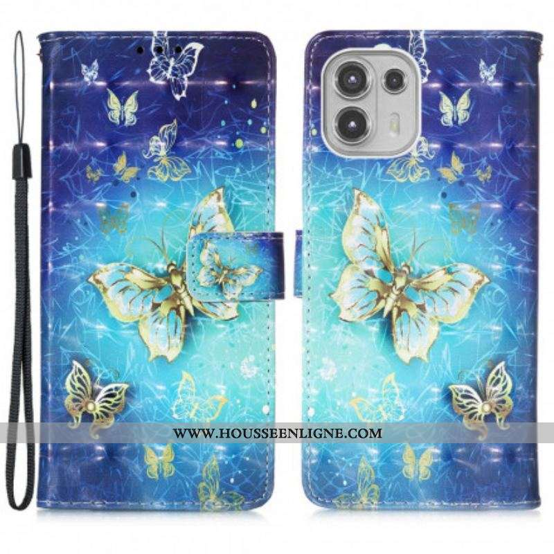 Housse Motolola Edge 20 Lite 1001 Papillons Dorés à Lanière