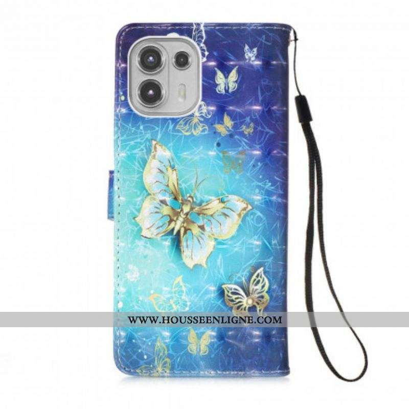 Housse Motolola Edge 20 Lite 1001 Papillons Dorés à Lanière