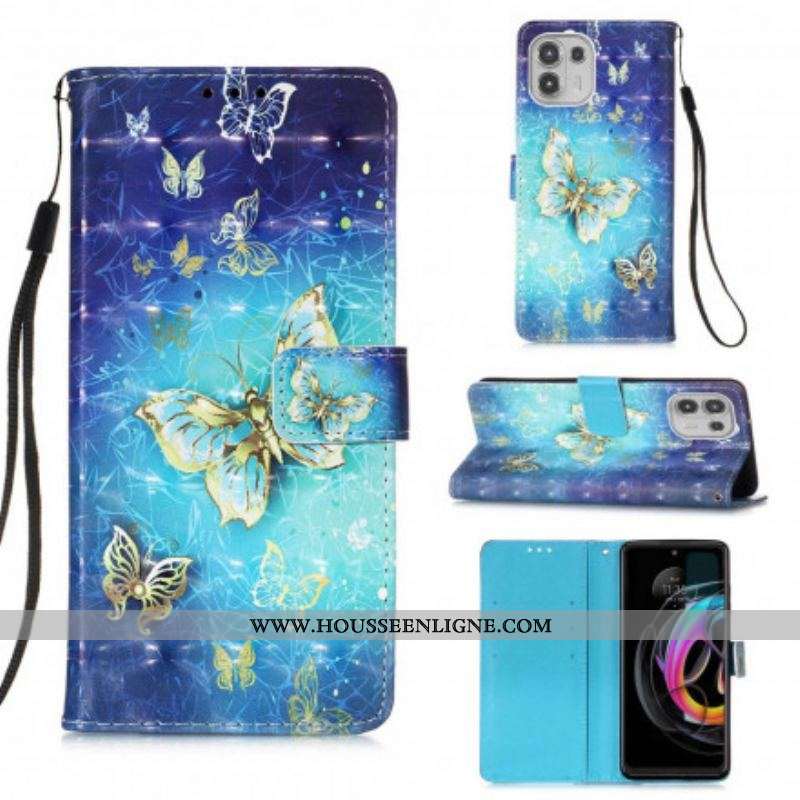 Housse Motolola Edge 20 Lite 1001 Papillons Dorés à Lanière