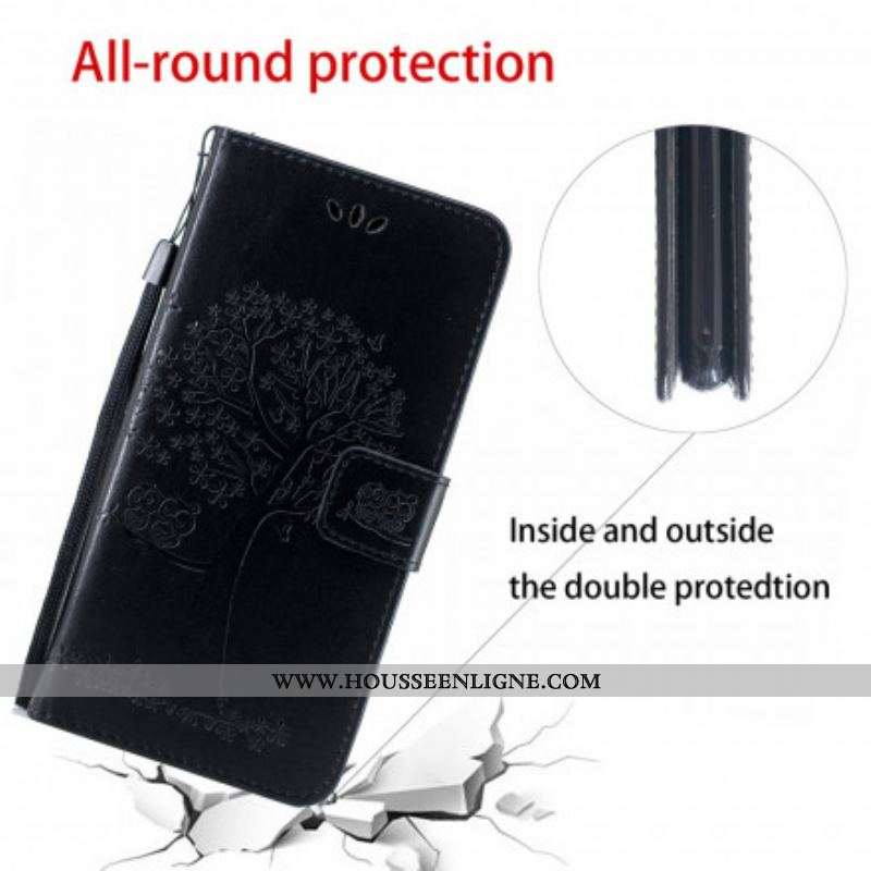 Housse Motorola Edge 20 Lite Arbre et Hiboux à Lanière