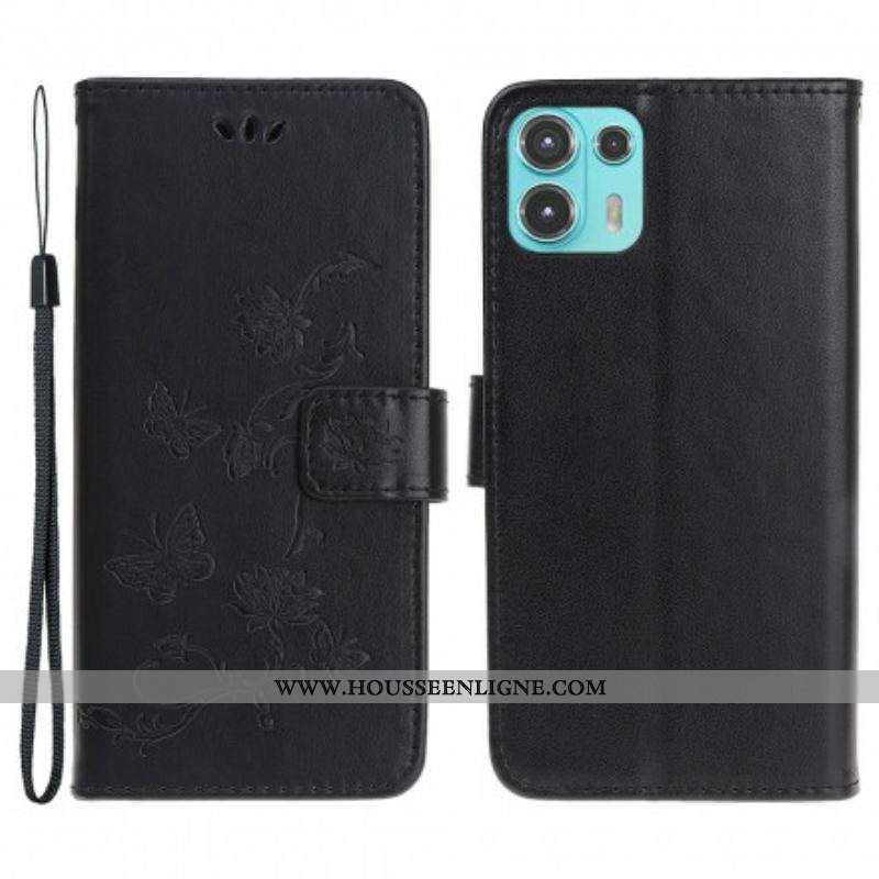 Housse Motorola Edge 20 Lite Papillons et Fleurs à Lanière
