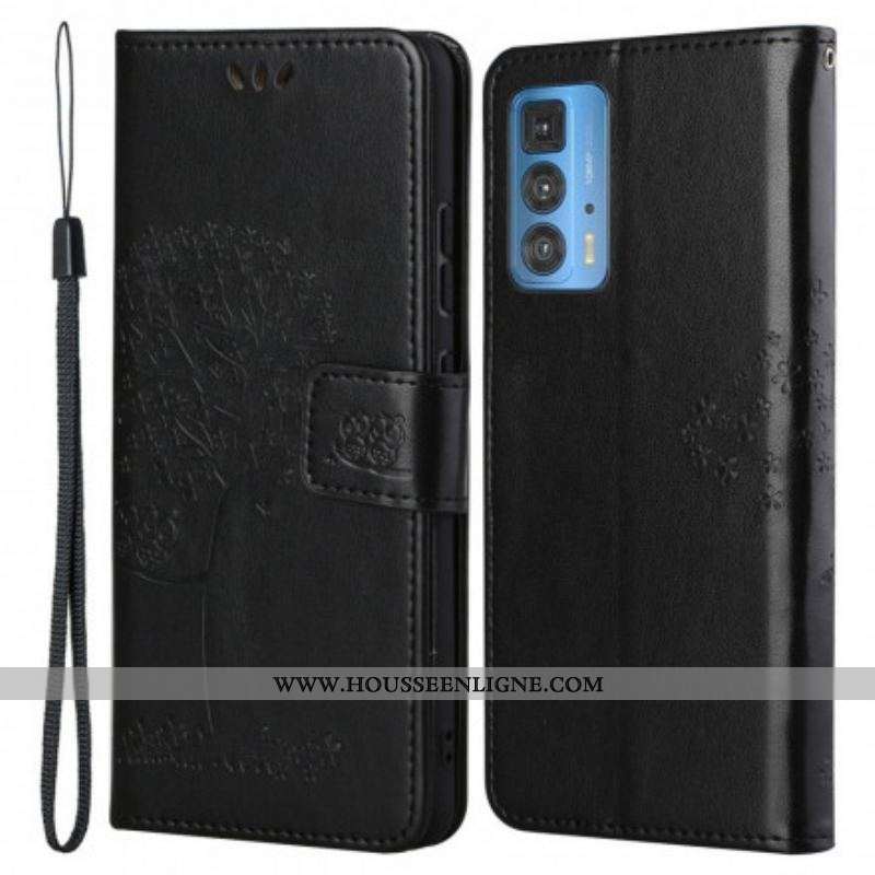 Housse Motorola Edge 20 Pro Arbre et Hiboux à Lanière