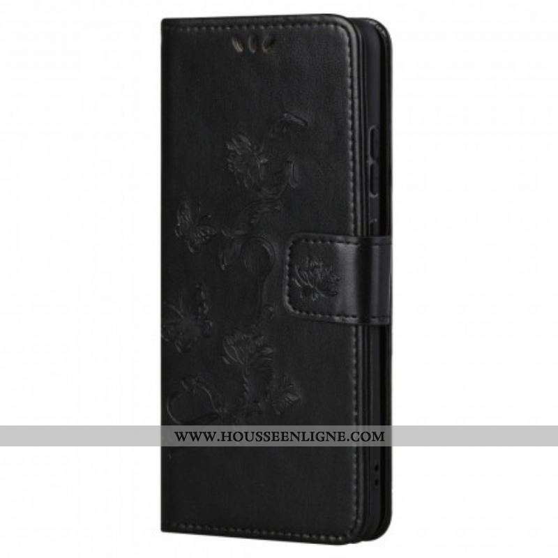 Housse Motorola Edge 20 Pro Papillons et Fleurs à Lanière