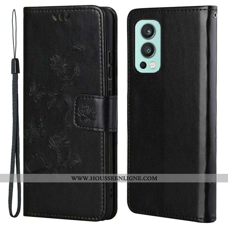 Housse OnePlus Nord 2 5G Papillons Et Fleurs À Lanière