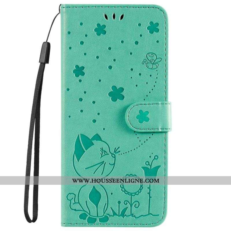 Housse OnePlus Nord 2T 5G Chat et Abeille avec Porte-Cartes à Lanière