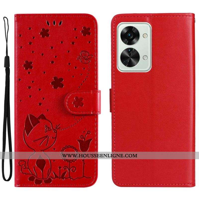 Housse OnePlus Nord 2T 5G Chat et Abeille avec Porte-Cartes à Lanière