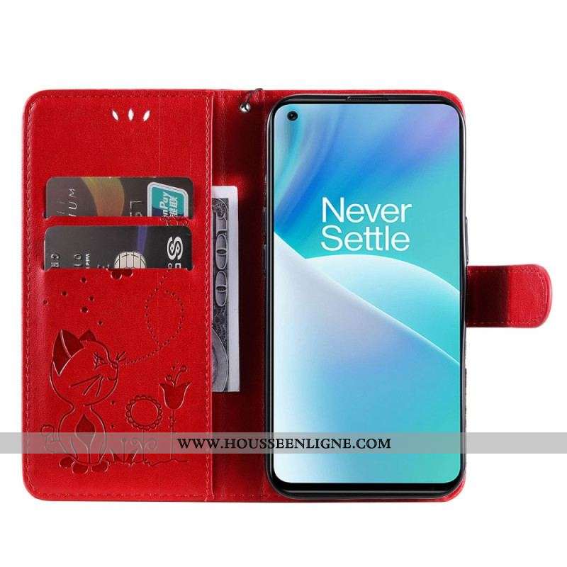 Housse OnePlus Nord 2T 5G Chat et Abeille avec Porte-Cartes à Lanière