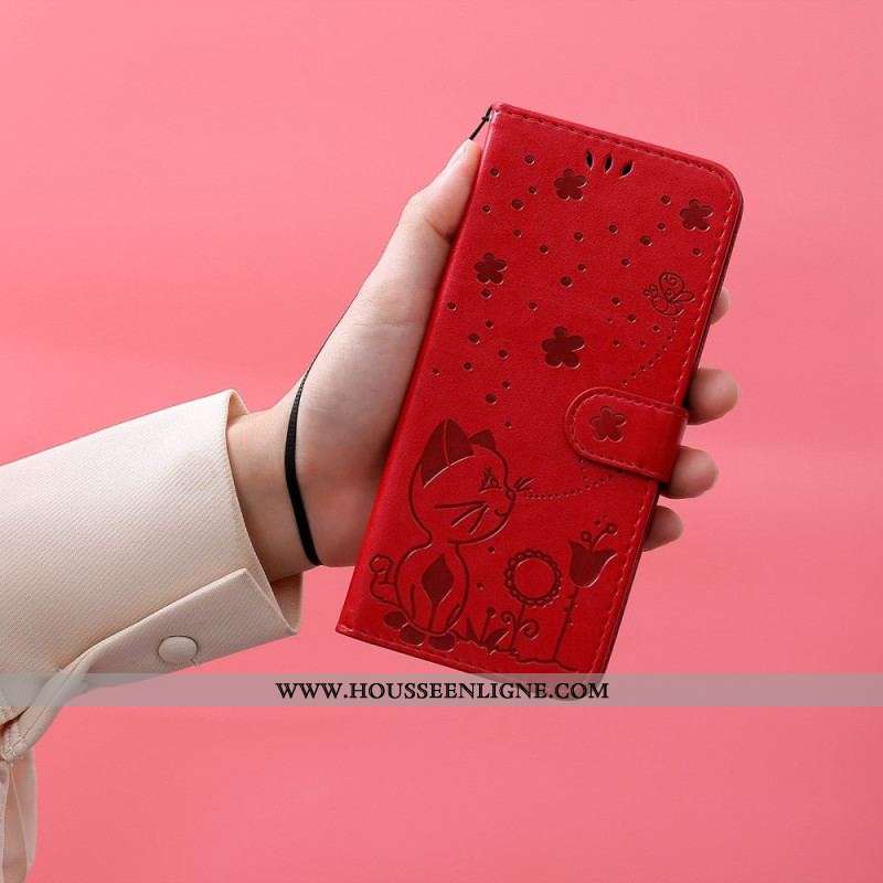 Housse OnePlus Nord 2T 5G Chat et Abeille avec Porte-Cartes à Lanière
