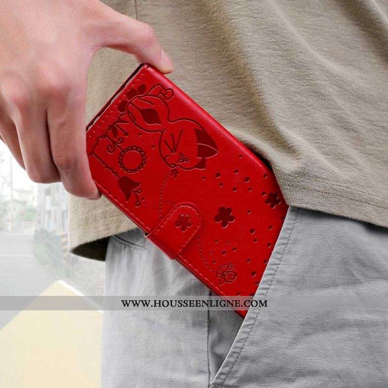 Housse OnePlus Nord 2T 5G Chat et Abeille avec Porte-Cartes à Lanière
