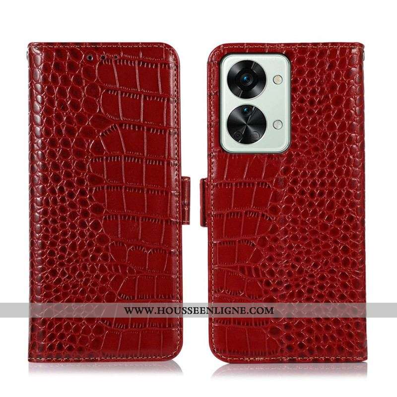 Housse OnePlus Nord 2T 5G Cuir Véritable Style Crocodile RFID
