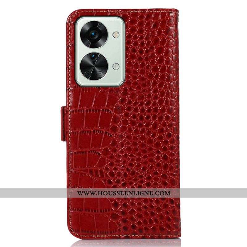 Housse OnePlus Nord 2T 5G Cuir Véritable Style Crocodile RFID