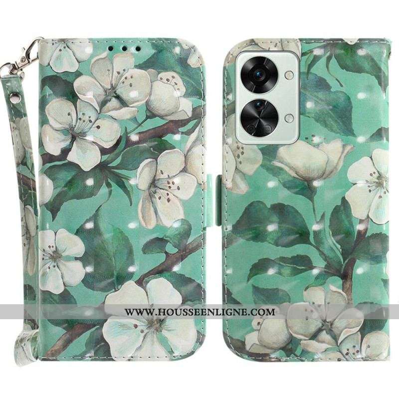 Housse OnePlus Nord 2T 5G Fleurs Blanches à Lanière