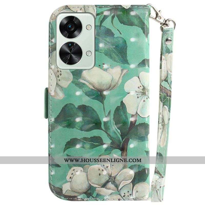 Housse OnePlus Nord 2T 5G Fleurs Blanches à Lanière