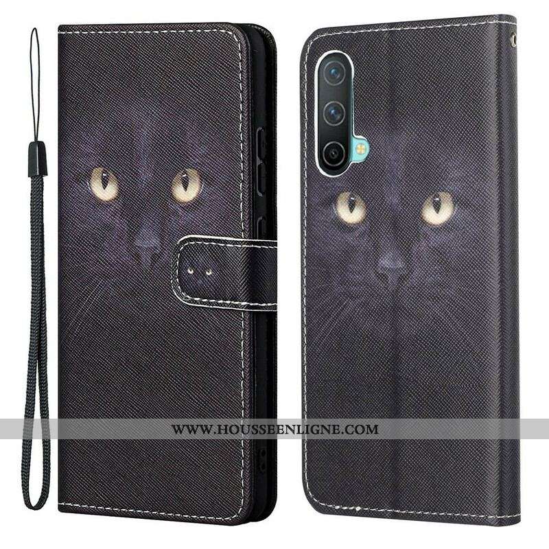 Housse OnePlus Nord CE 5G Yeux de Chat Noir à Lanière