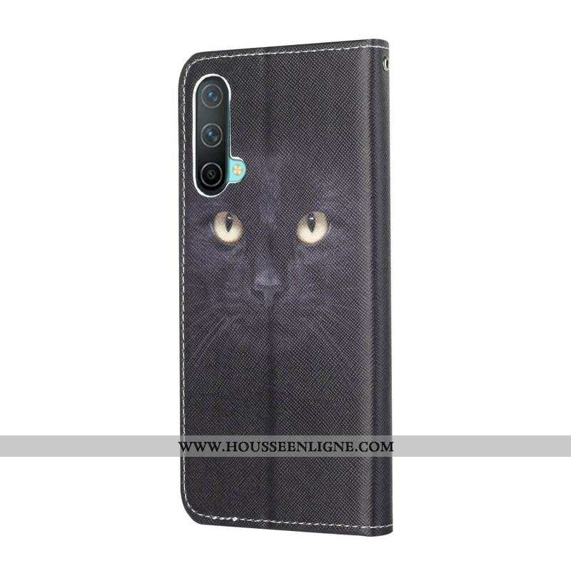 Housse OnePlus Nord CE 5G Yeux de Chat Noir à Lanière