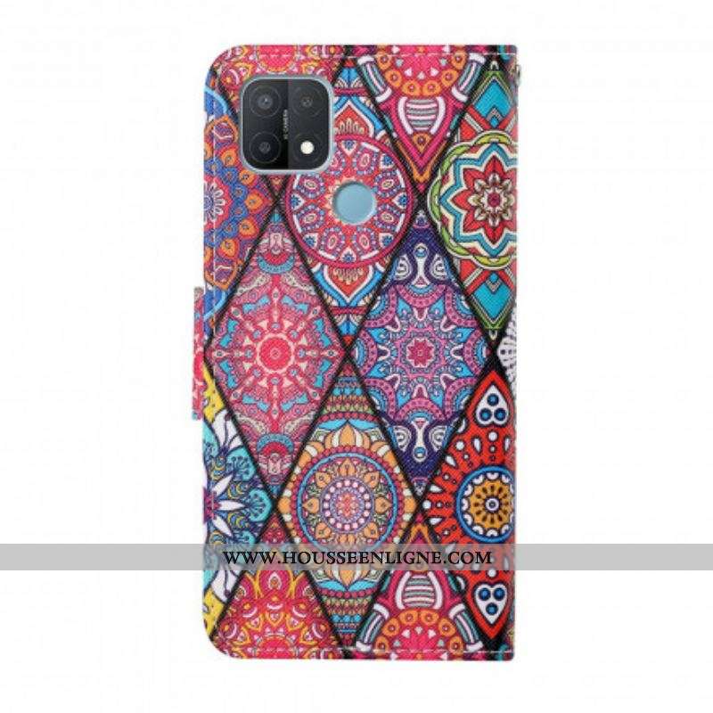 Housse Oppo A15 Patchwork avec Lanière