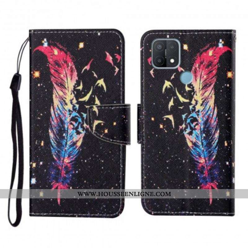 Housse Oppo A15 Plume Colorée à Lanière