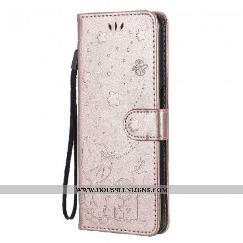 Housse Oppo A54 5G / A74 5G Chat et Abeille à Lanière