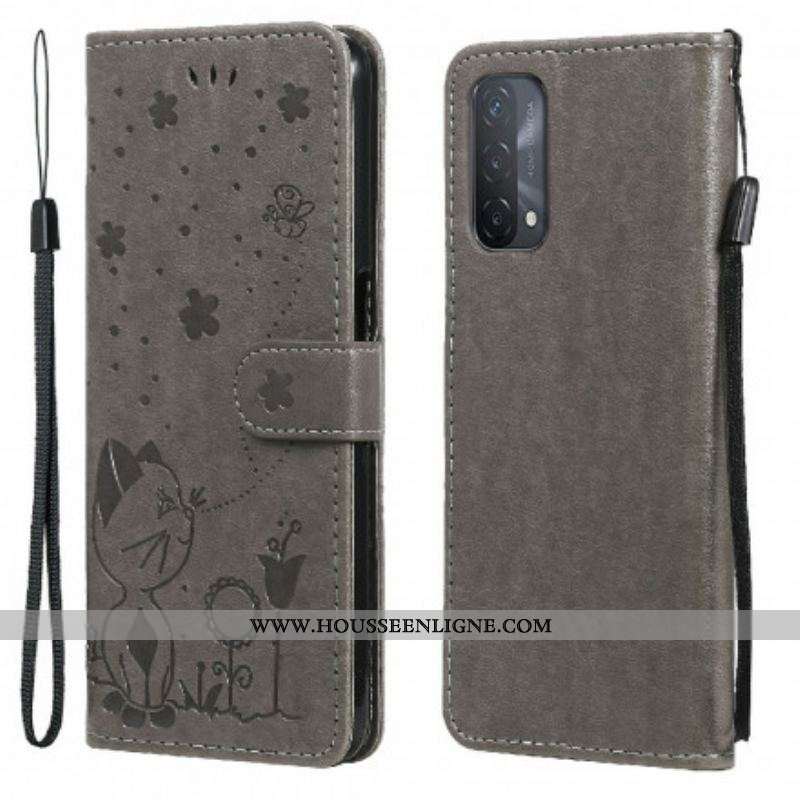 Housse Oppo A54 5G / A74 5G Chat et Abeille à Lanière