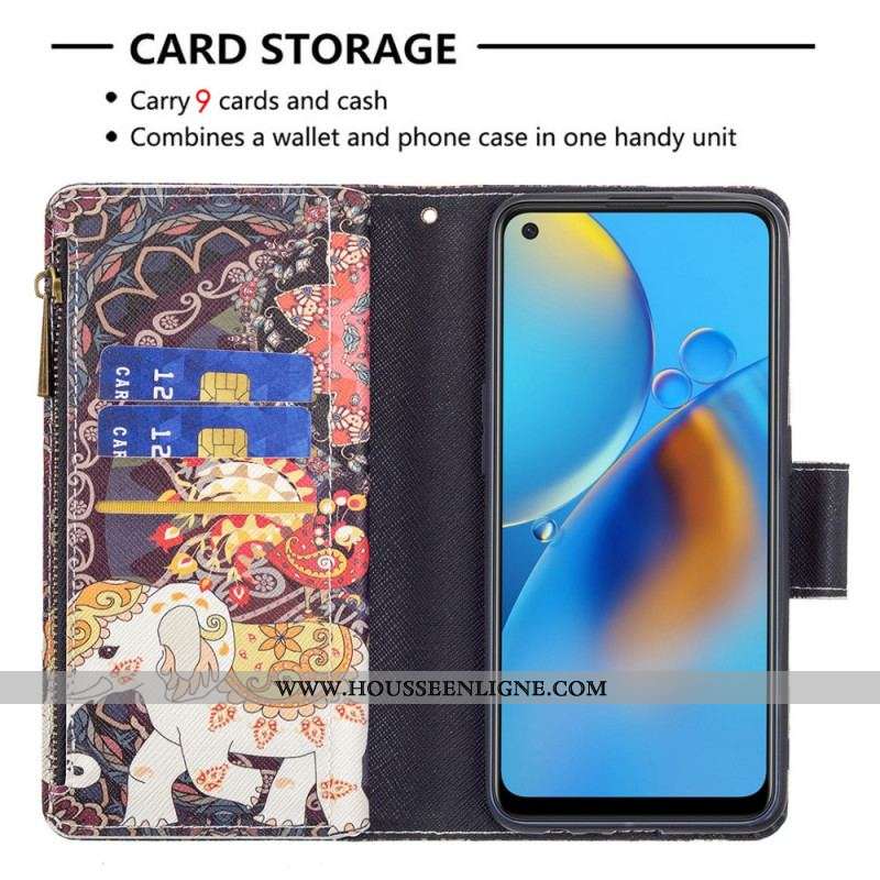 Housse Oppo A74 4G Poche Zippée Éléphant