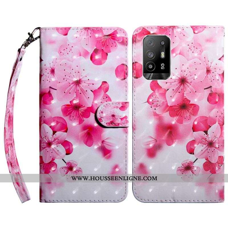 Housse Oppo A94 5G Fleurs Roses avec Lanière