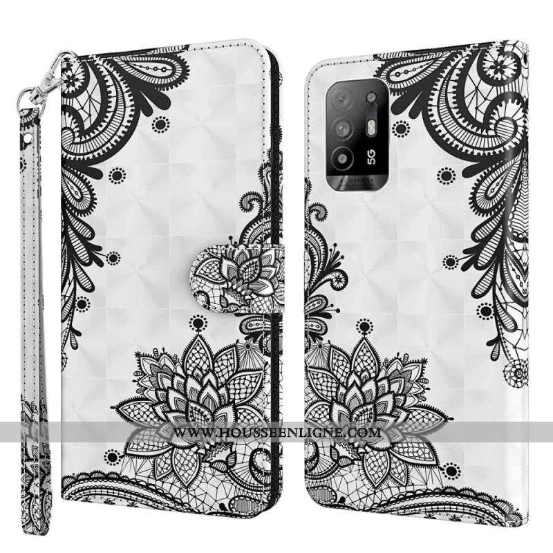 Housse Oppo A94 5G Simili Cuir Dentelle avec Lanière