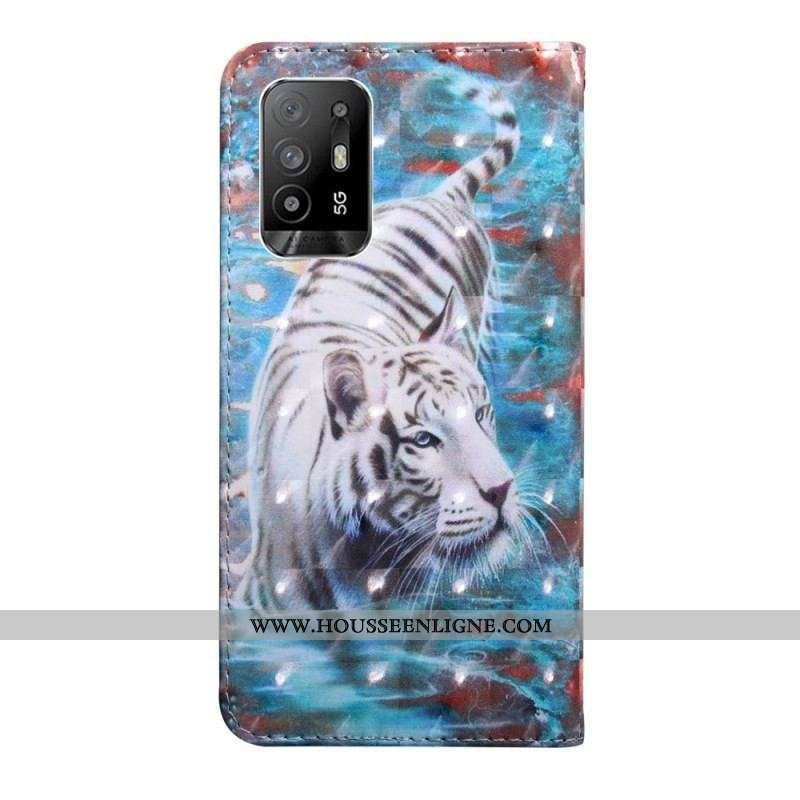 Housse Oppo A94 5G Simili Cuir Tigre avec Lanière