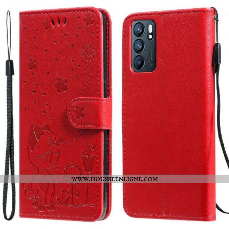 Housse Oppo Reno 6 5G Chat et Abeille à Lanière