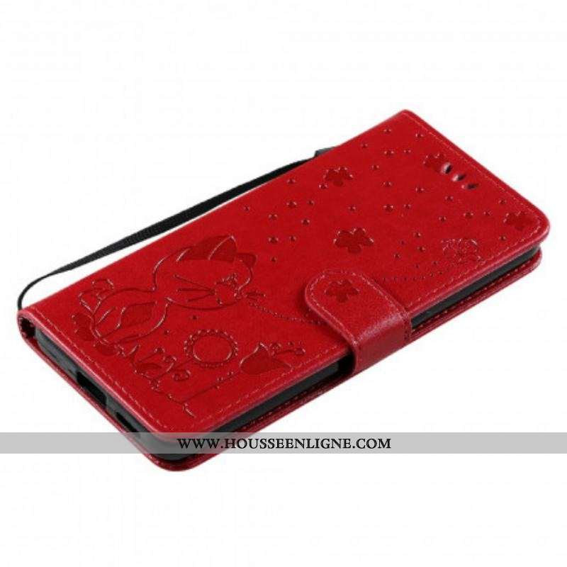 Housse Oppo Reno 6 5G Chat et Abeille à Lanière