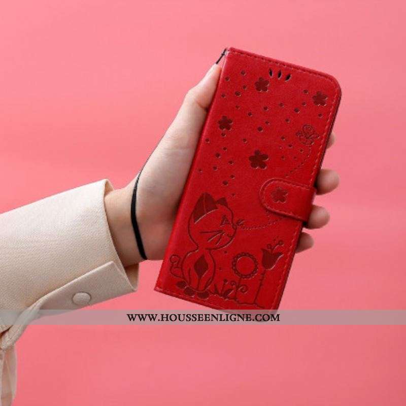 Housse Oppo Reno 6 5G Chat et Abeille à Lanière