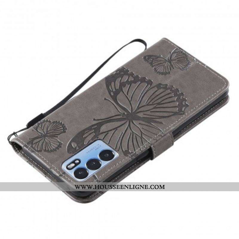 Housse Oppo Reno 6 5G Papillons Géants à Lanière