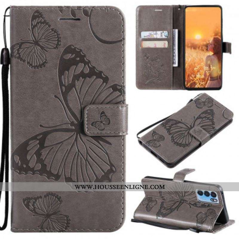 Housse Oppo Reno 6 5G Papillons Géants à Lanière