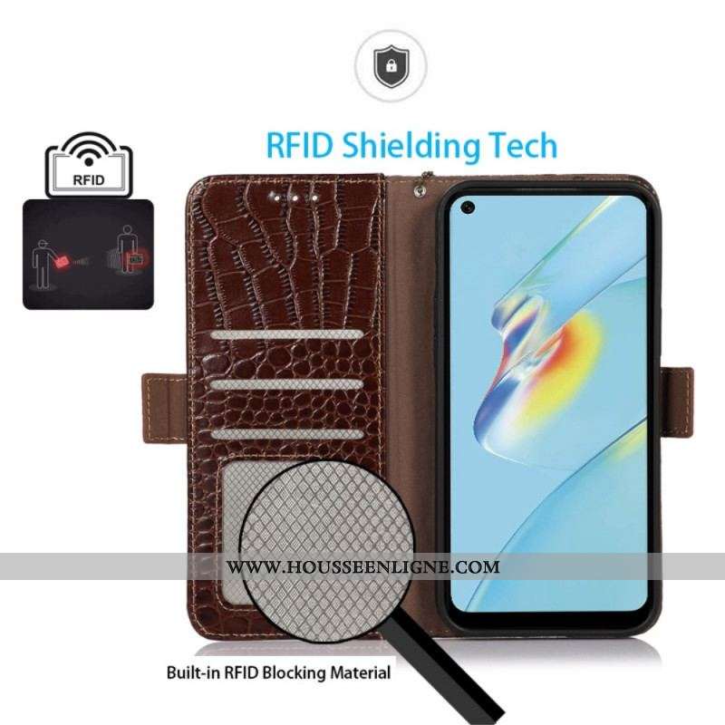 Housse Oppo Reno 7 Cuir Véritable Style Crocodile RFID
