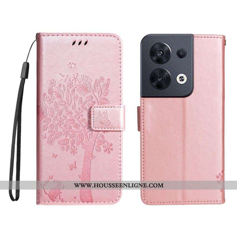 Housse Oppo Reno 8 Arbre et Chat à Lanière
