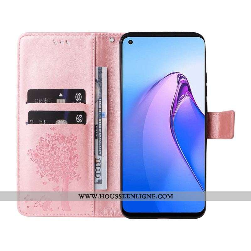Housse Oppo Reno 8 Arbre et Chat à Lanière