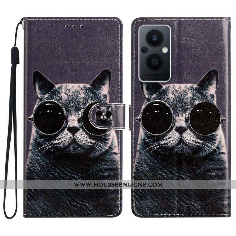 Housse Oppo Reno 8 Lite Chat Lunettes à Lanière