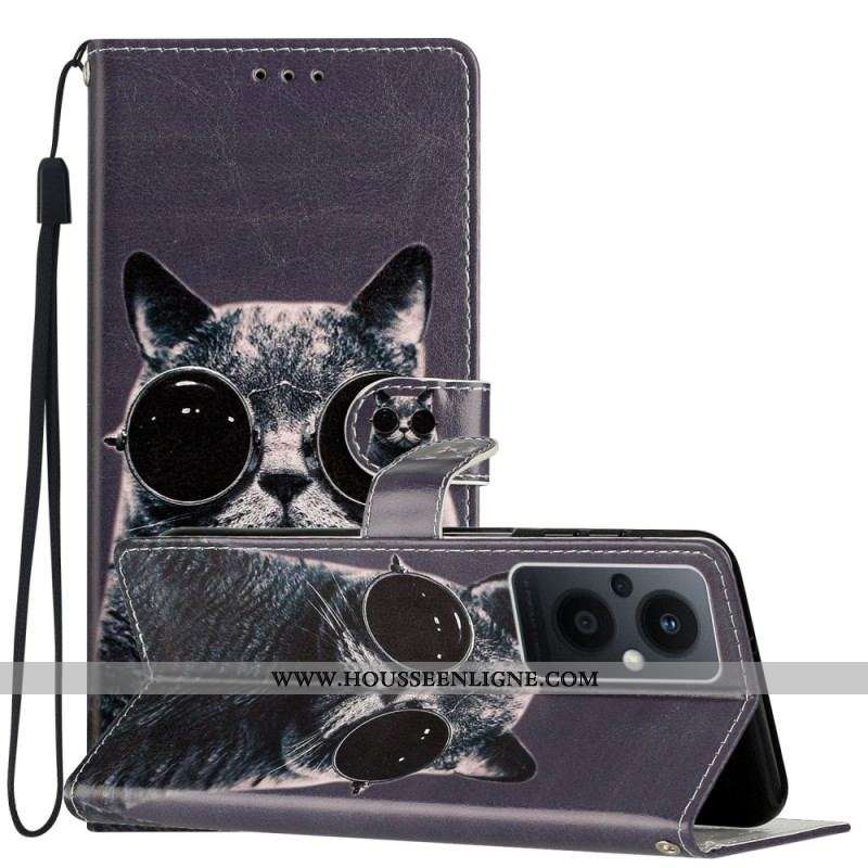 Housse Oppo Reno 8 Lite Chat Lunettes à Lanière