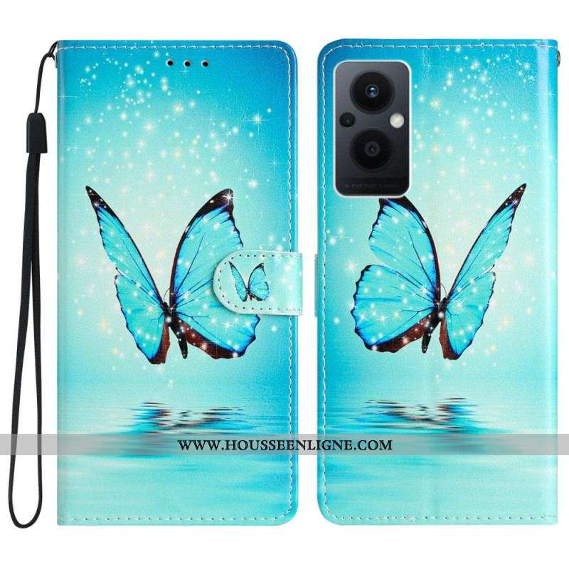 Housse Oppo Reno 8 Lite Papillons Bleus à Lanière
